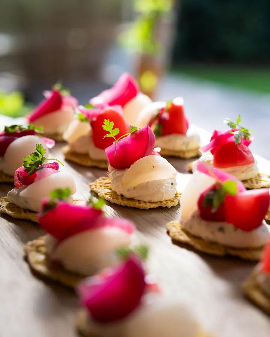 Hapjes met mousse, radijs en tomaat op een krokant plaatje